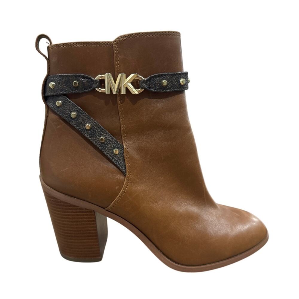 Michael Kors Brown Leather Ankle Boots MK Logo Heel Size 9 - Picture 2 of 8